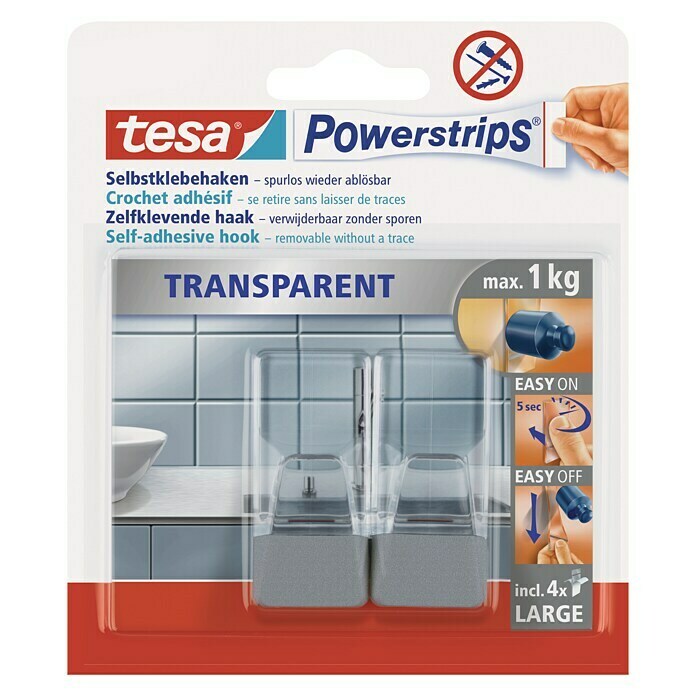 Tesa Powerstrips Selbstklebehaken (Rechteck, Größe: L, Transparent/Chrom, 2 Stk.)