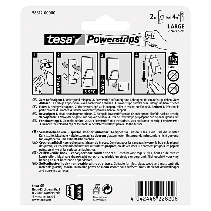 Tesa Powerstrips Selbstklebehaken (Rechteck, Größe: L, Transparent/Chrom, 2 Stk.)