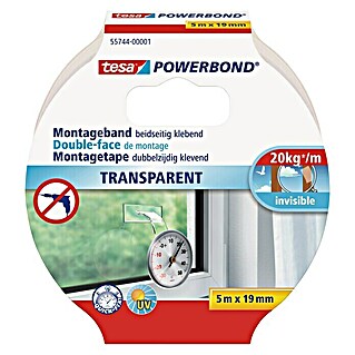 Tesa Powerbond Montageband Transparent (5 m x 19 mm, Beidseitig selbstklebend)