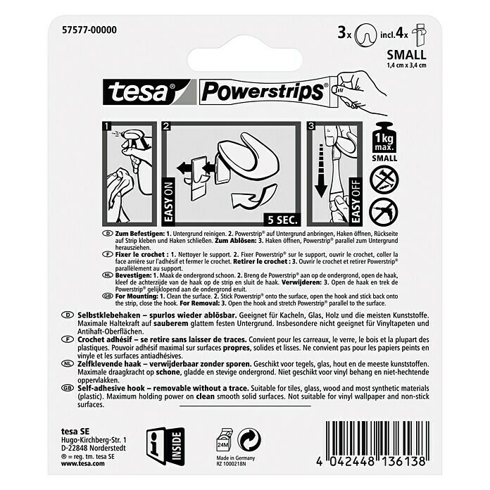 tesa Powerstrips Selbstklebehaken (Rund, Größe: S, Weiß, 3 Stk.)