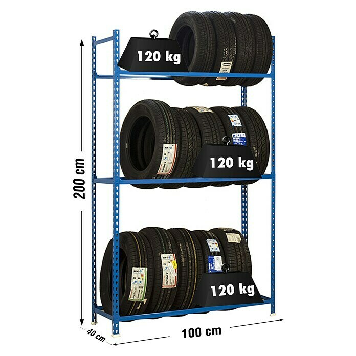 Simonrack Simonauto Estantería para almacenamiento de neumáticos Autoclick Plus (L x An x Al: 40 x 100 x 200 cm, Capacidad de carga: 120 kg/balda, Número de baldas: 3 ud., Azul)