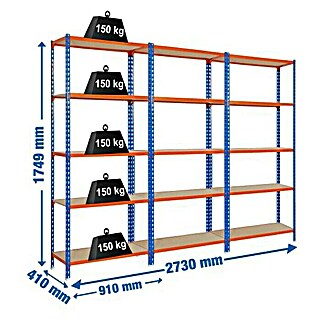 Simonrack Maderclick Set de estanterías Metal (L x An x Al: 410 x 2.730 x 1.749 mm, Capacidad de carga: 150 kg/balda, Azul/Naranja, 3 ud.)