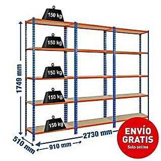 Simonrack Maderclick Set de estanterías Metal (L x An x Al: 510 x 2.730 x 1.749 mm, Capacidad de carga: 150 kg/balda, Azul/Naranja, 3 ud.)