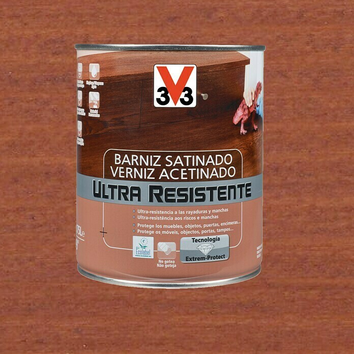 V33 Barniz para madera Satinado Ultra Resistente (Sapelly, Satinado, 750 ml)