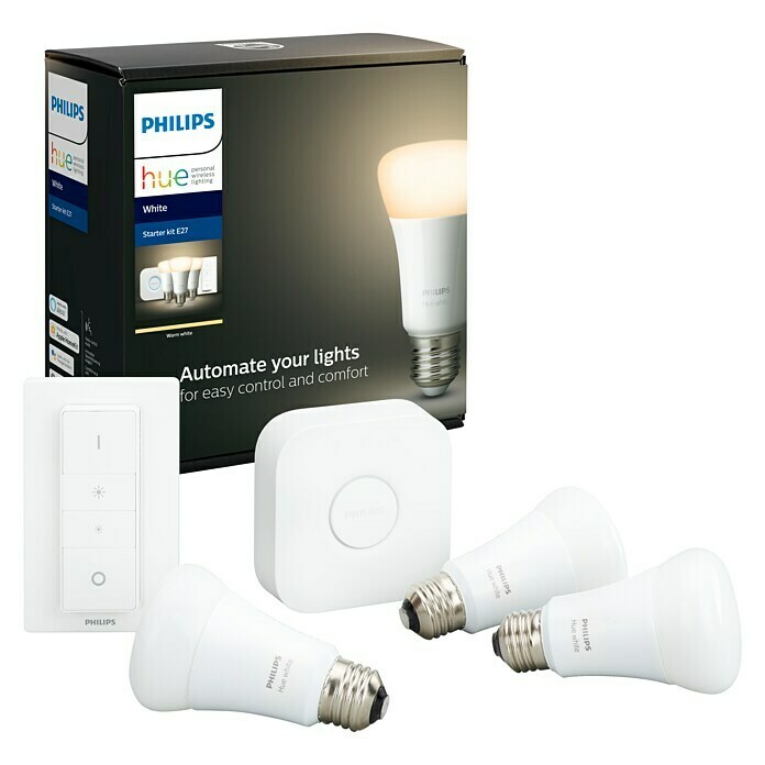 Philips Hue LED-Leuchtmittel-Set Starter-Kit (E27, 9 W, Lichtfarbe: Warmweiß, Dimmbar)