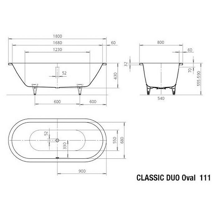 Kaldewei Badewanne Classic Duo Oval 111 (180 x 80 cm, Stahl-Email, Alpinweiß)