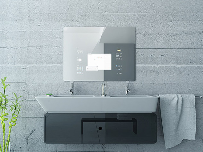 Dunkles Waschbecken mit smartem Spiegel