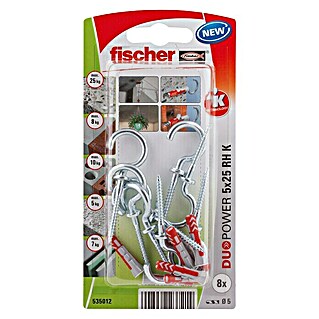 Fischer Duopower Juego de clavijas y ganchos (Diámetro taco: 5 mm, Longitud taco: 25 mm, Argolla, 8 uds.)