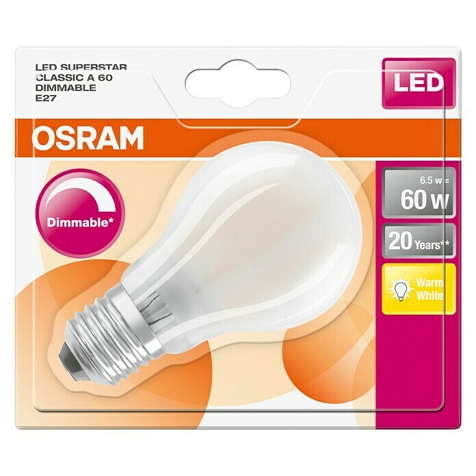 Osram Bombilla LED Retrofit Classic A (8 W, E27, A60, Blanco cálido, Intensidad regulable, Mate)