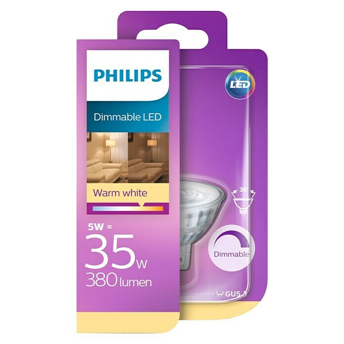 Philips Bombilla LED foco regulable (5 W, GU5.3, Color de luz: Blanco cálido, Intensidad regulable, Redondeada)