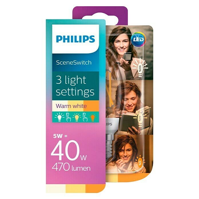 Philips Bombilla LED Vela (5 W, E14, Color de luz: Blanco cálido, Intensidad regulable, Vela)