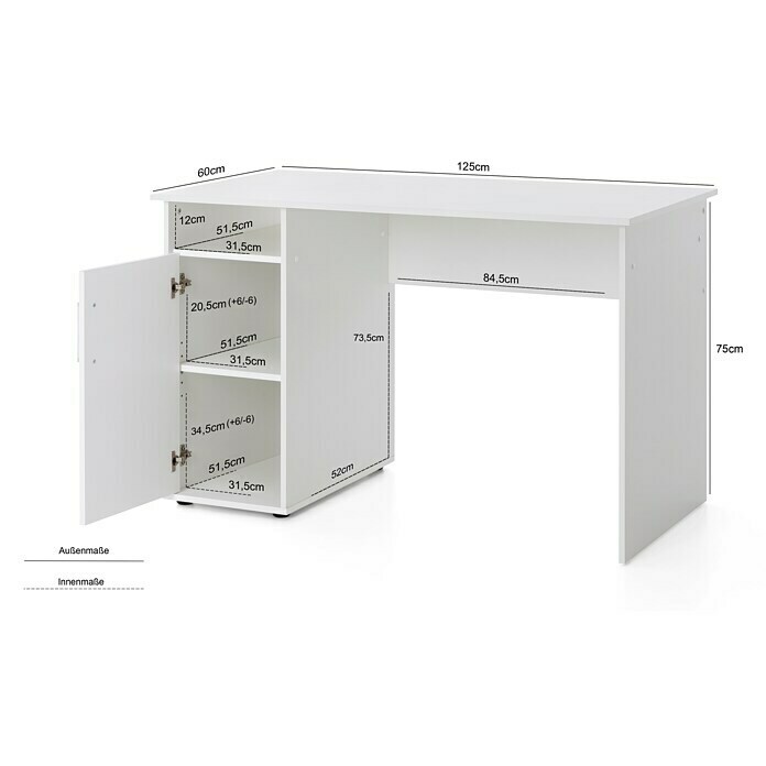 Wilmes Schreibtisch (L x B x H: 125 x 60 x 75 cm, Weiß/Beton, Anzahl Türen: 1, Anzahl Fächer: 3)
