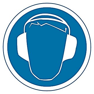 Cartel (Azul/Blanco, Uso obligatorio de protección auditiva, 5 x 5 cm)