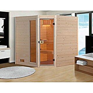 Weka Sauna de madera maciza Valida esquinera (Con calentador de 5,4 kW con unidad de control integrada, Puerta de cristal con cierre de seguridad, 139 × 189 × 203,5 cm)