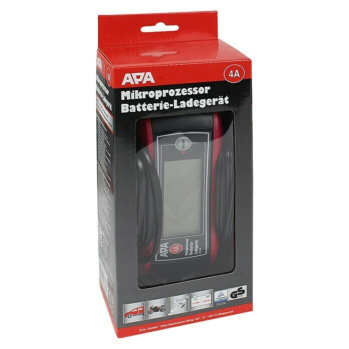 APA Batterie-Ladegerät mit Kabelaufroller (Ladestrom: 4 A, AGM-/Gel-/Nass-/Blei-Säure-Batterien 6/12 V)