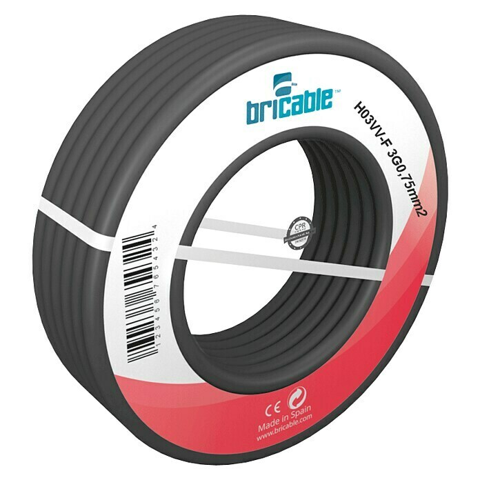 Bricable Cable eléctrico H03VV-F3G0,75 (H03VV-F3G0,75, 25 m, Negro)
