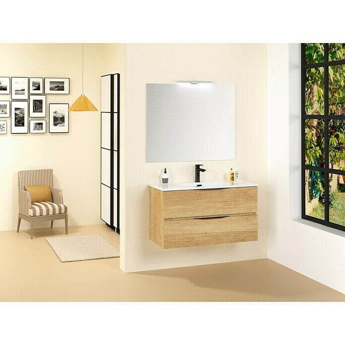 Conjunto de mueble de baño Bruna (90 cm, 3 piezas, Nature, Mate)