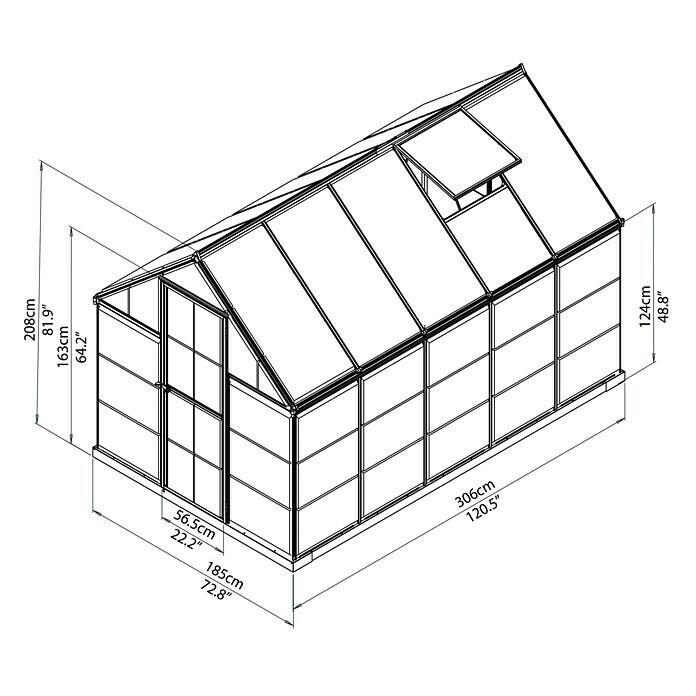 Palram Gewächshaus Hybrid (3,06 x 1,85 x 2,08 m, Polycarbonat, Glasstärke Seitenwände: 0,75 mm, Silber)