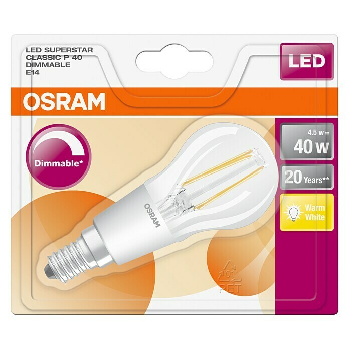 Osram Bombilla LED Retrofit Classic P (4,5 W, E14, Blanco cálido, Intensidad regulable, Claro)