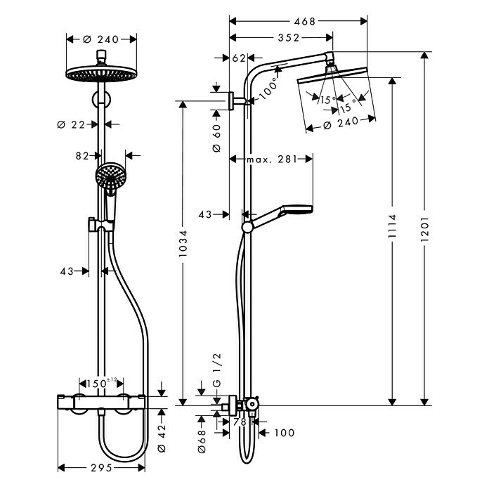 Hansgrohe Crometta Überkopfbrausen-Set Showerpipe Crometta S 240 (Mit Thermostatarmatur, Lochabstand: 103,4 cm, Anzahl Funktionen: 2, Chrom)