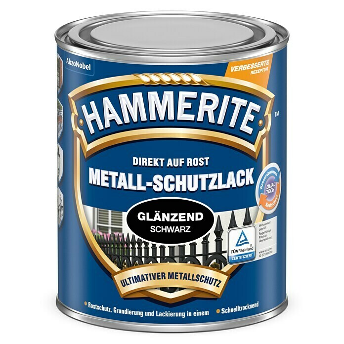 Hammerite Metall-Schutzlack (Schwarz, 250 ml, Glänzend, Lösemittelhaltig)