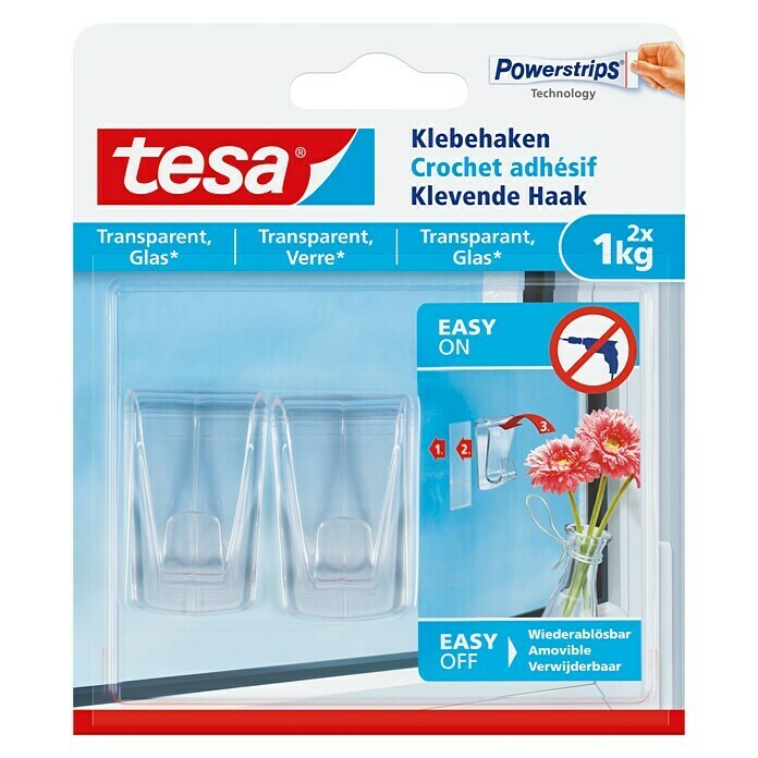 Tesa Klebehaken (Geeignet für: Glas, Belastbarkeit: 1 kg, 2 Stk., Transparent)