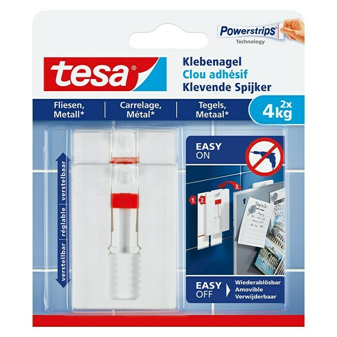Tesa Verstellbarer Klebenagel (Geeignet für: Fliesen, Belastbarkeit: 4 kg, 2 Stk., Weiß)