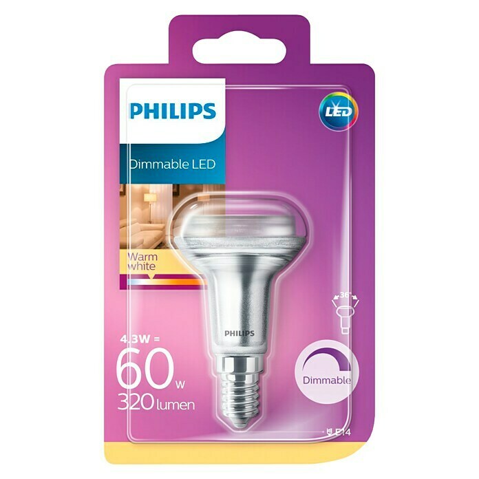 Philips Bombilla reflectora LED (4,3 W, E14, 36°, Color de luz: Blanco cálido)