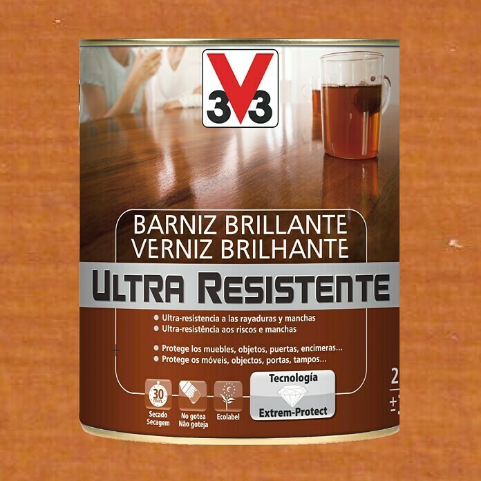 V33 Barniz para madera Brillante Ultra Resistente (Cerezo, Brillante, 750 ml)