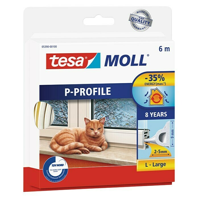 tesa MOLL P-Profildichtung (Weiß, 6 m x 9 mm x 5,5 mm, Geeignet für: Spaltenbreiten 2 - 5 mm)
