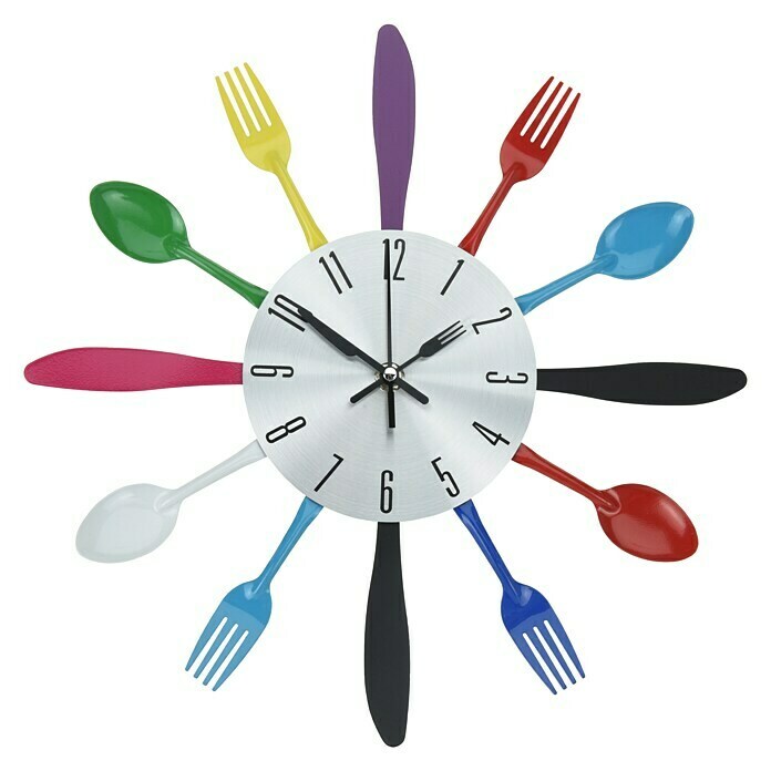 TimeLike da arredamento 32*32*4CM Nero effetto specchiato rimovibile Orologio adesivo 3D da cucina con motivo forchette e cucchiai