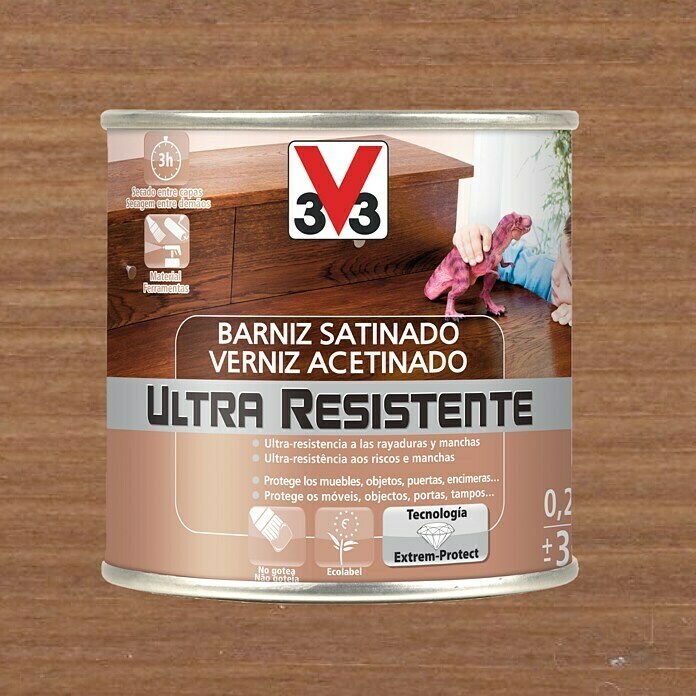 V33 Barniz para madera Satinado Ultra Resistente (Nogal, Satinado, 250 ml)