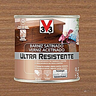 V33 Barniz para madera Satinado Ultra Resistente (Nogal, Satinado, 250 ml)