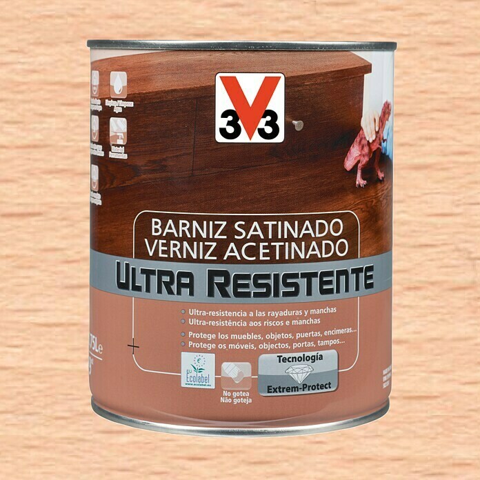 V33 Barniz para madera Satinado Ultra Resistente (Incoloro, Satinado, 750 ml)