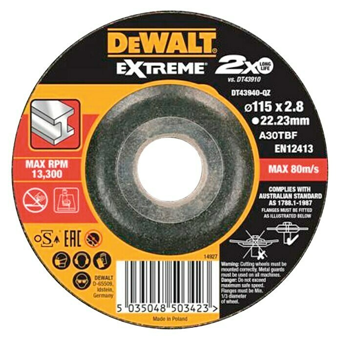 Dewalt Extreme Disco de corte DT43932-QZ (125 mm, Espesor disco: 2,8 mm, Específico para: Acero inoxidable)