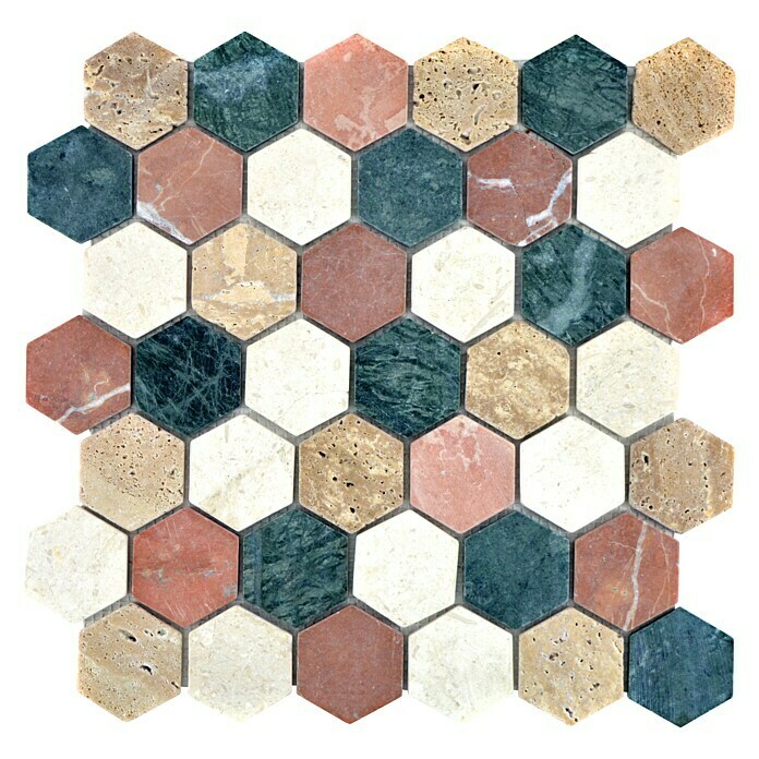 Mozaïektegel Hexagon Mix MOS HXN RND (29,8 x 30,5 cm, Crème/beige/rood/groen, Mat)