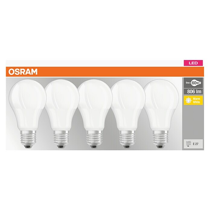 Osram LED-Leuchtmittel-Set Base Classic A (5 Stk., 9 W, E27, Warmweiß, Matt)