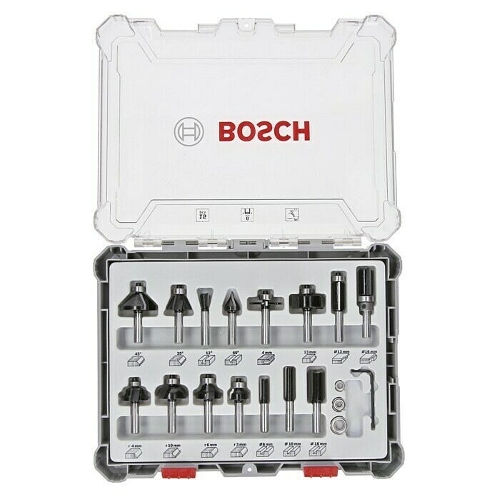Bosch Fräser-Set Mixed (15-tlg., Durchmesser Schaft: 8 mm)