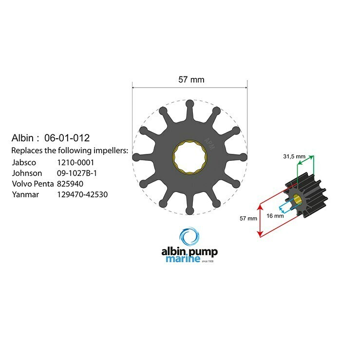 Albin Pump Impeller PN 06-01-012 (Ø x L: 57 x 31,5 mm, Wellendurchmesser: 16 mm)
