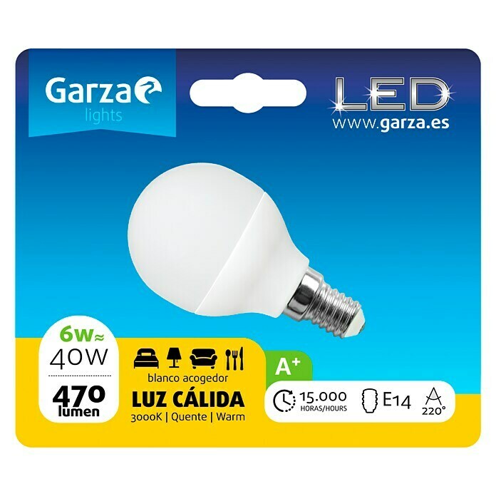 Garza Bombilla LED (6 W, E14, Color de luz: Blanco cálido, No regulable, Redondeada)