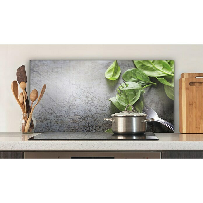 CUCINE Küchenrückwand (Basil on Fork, 80 x 40 cm, Stärke: 6 mm, Einscheibensicherheitsglas (ESG))