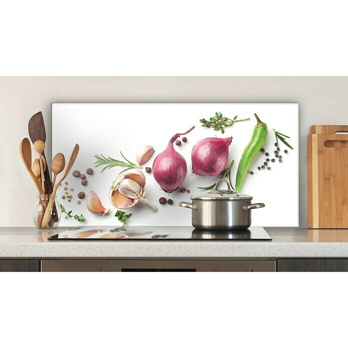 CUCINE Küchenrückwand (Garlic & Onion, 80 x 40 cm, Stärke: 6 mm, Einscheibensicherheitsglas (ESG))