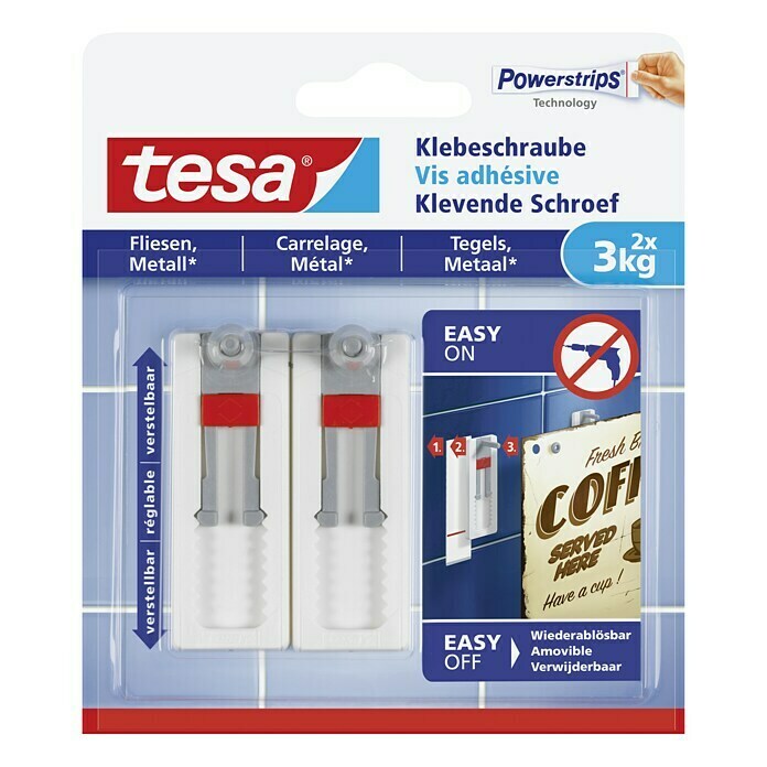 Tesa Verstellbare Klebeschraube (Geeignet für: Fliesen, Belastbarkeit: 3 kg, 2 Stk., Weiß)