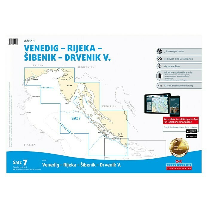 Sportbootkarten Satz 7: Adria 1, Venedig - Rijeka - Sibenik - Drvenik V; Delius Klasing