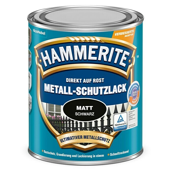 Hammerite Metall-Schutzlack (Schwarz, 250 ml, Matt, Lösemittelhaltig)
