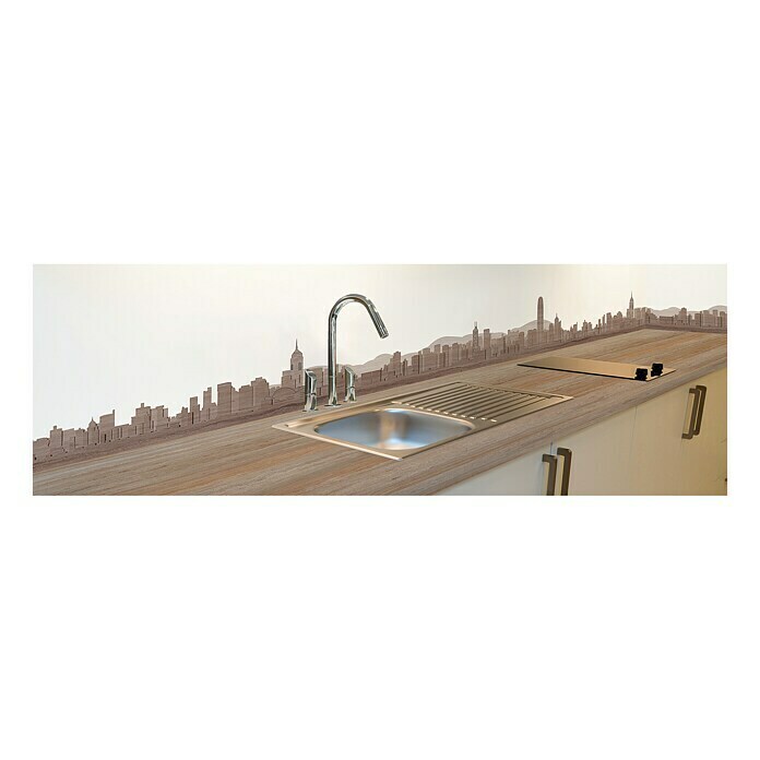 Resopal Küchenrückwand Fixmaß (Travertin Skyline, 305 x 62 cm, Stärke: 15,4 mm, Holz)