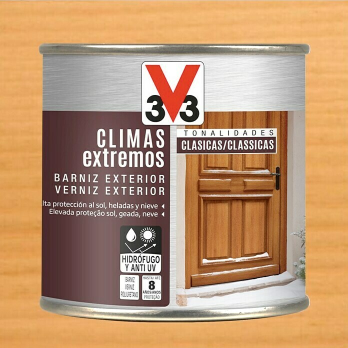 V33 Barniz para madera exterior Climas Extremos (Roble claro, Brillante, 250 ml)