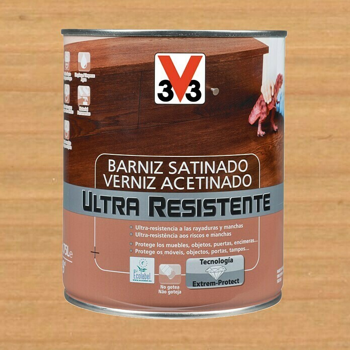 V33 Barniz para madera Satinado Ultra Resistente (Roble claro, Satinado, 750 ml)