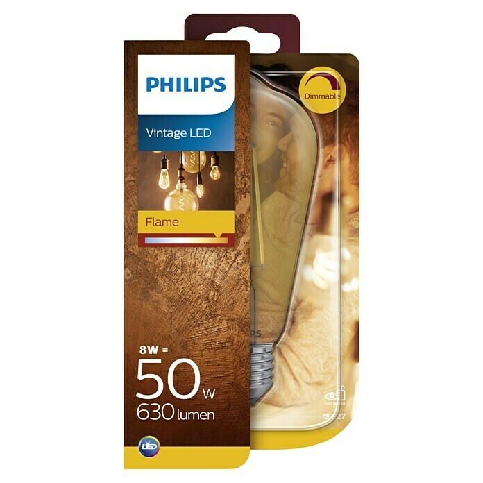 Philips Bombilla LED Vintage Gold (8 W, E27, Color de luz: Blanco cálido, Intensidad regulable, Forma de pera)