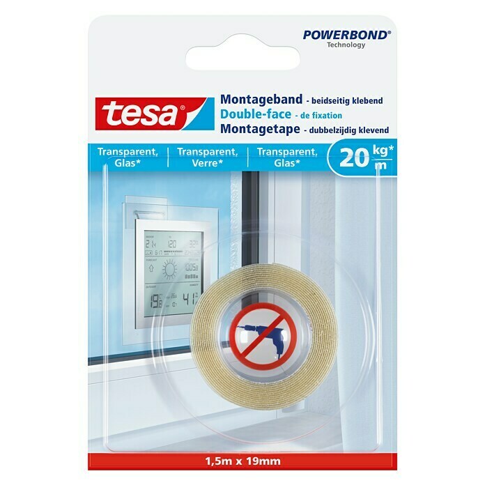 Tesa Montageband (Geeignet für: Glas, Belastbarkeit: 20 kg/m, 1,5 m x 19 mm)